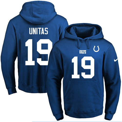 Nike Colts #19 Johnny Unitas Royal Blue Name & Number Pullover NFL Hoodie - Click Image to Close